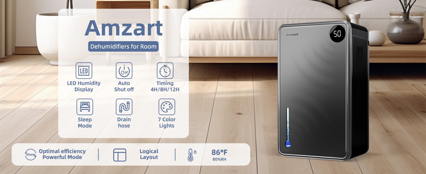 Dehumidifier with Humidity Display, Auto Shut Off, Timing, Sleep Mode, Drain Hose, 7 Color Lights