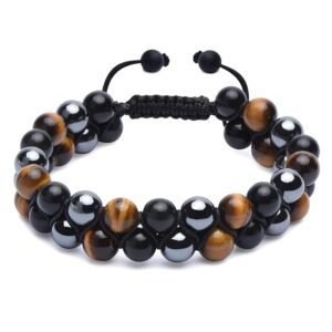 HASKARE Triple Protection Bracelet. Genuine Tigers Eye Black Obsidian and Hematite 8mm Beads Bracelet for Men Women. Crystal Jewelry Healing Bracelets Bring Luck and Prosperity and Happiness
