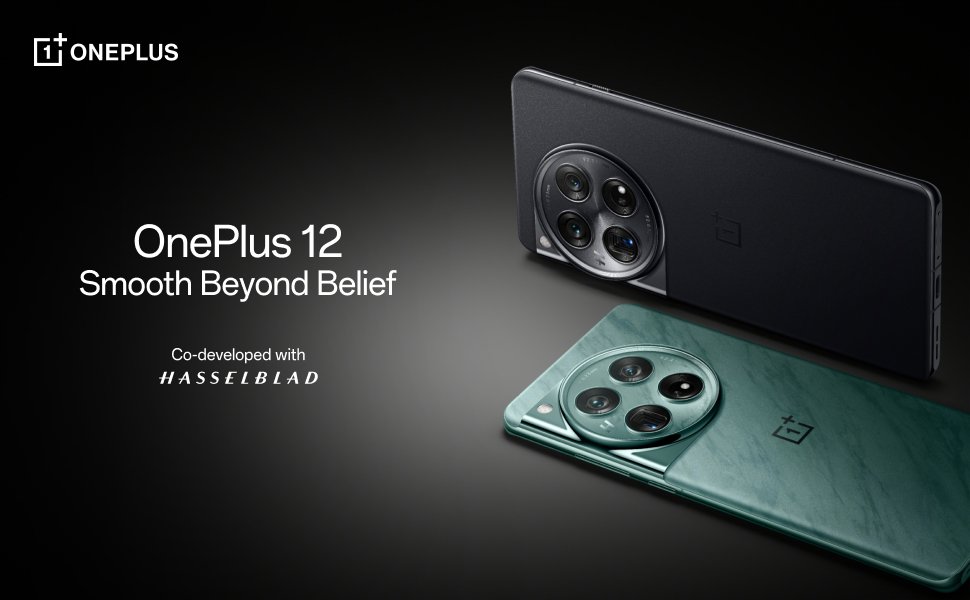 OnePlus 12 black and green with Smooth beyond belief, co-developed with Hasselblad.