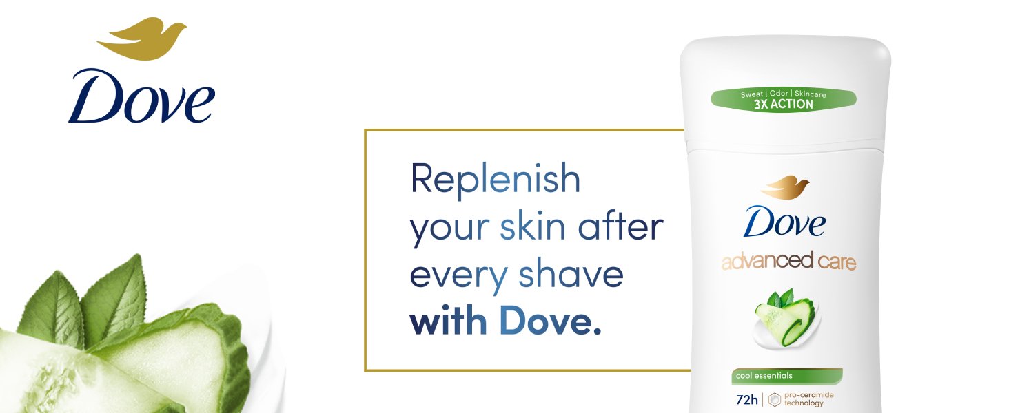 Top half picture of Dove Stick deodorant bottle on white background with headline & cucumber slice