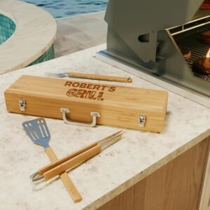 The Flame - Personalized BBQ Tool Set - 3 Utensils + Bamboo Box - BBQ Grilling Accessories - Grill Gifts for Him. Men. Dad. Husband - Smoker Accessories - Grill Utensil Set - Unique Men Birthday Gift