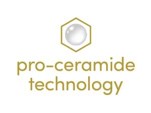 Golden text :"pro-ceramide technology" with white drop in an hexagon against white background.