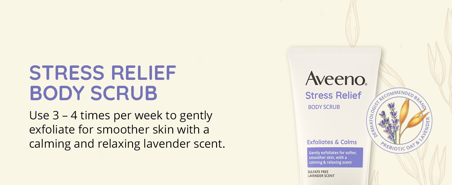 Relaxing Stress Relief body shower scrub calm lavender scent gentle exfoliate smooth soft skincare 