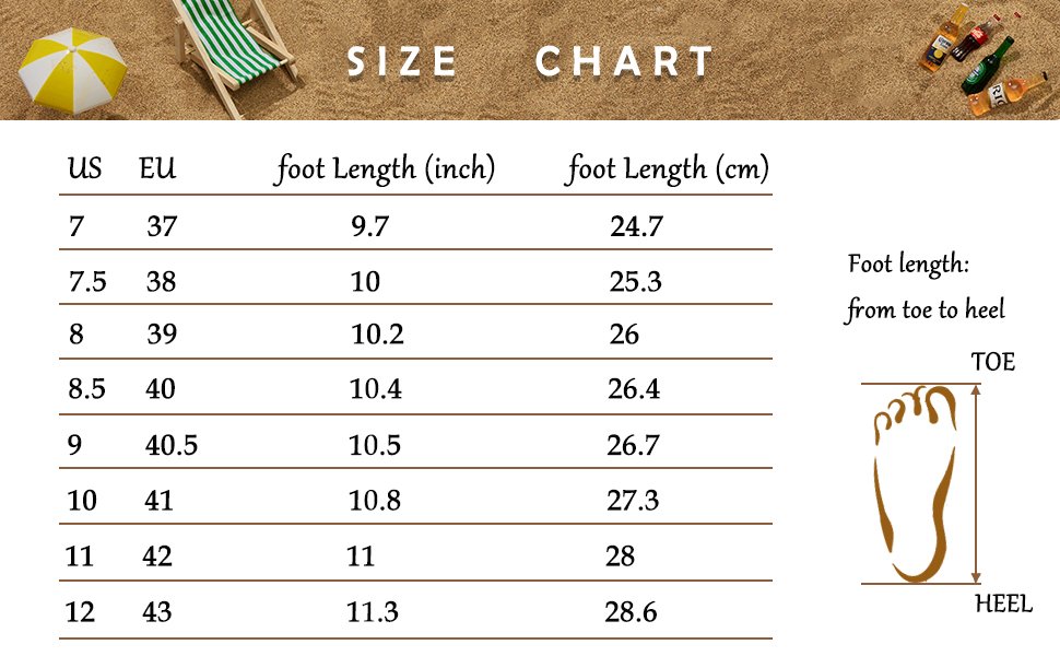 size chart bow slide sandals for women 