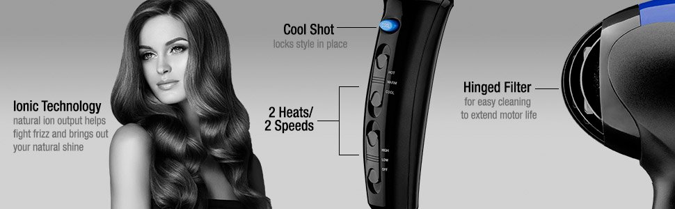 Conair 1875 Watt Turbo Hair Dryer, Cool Shot, Hinged Filter, 2 Heats, 2 Speeds, Ionic technology