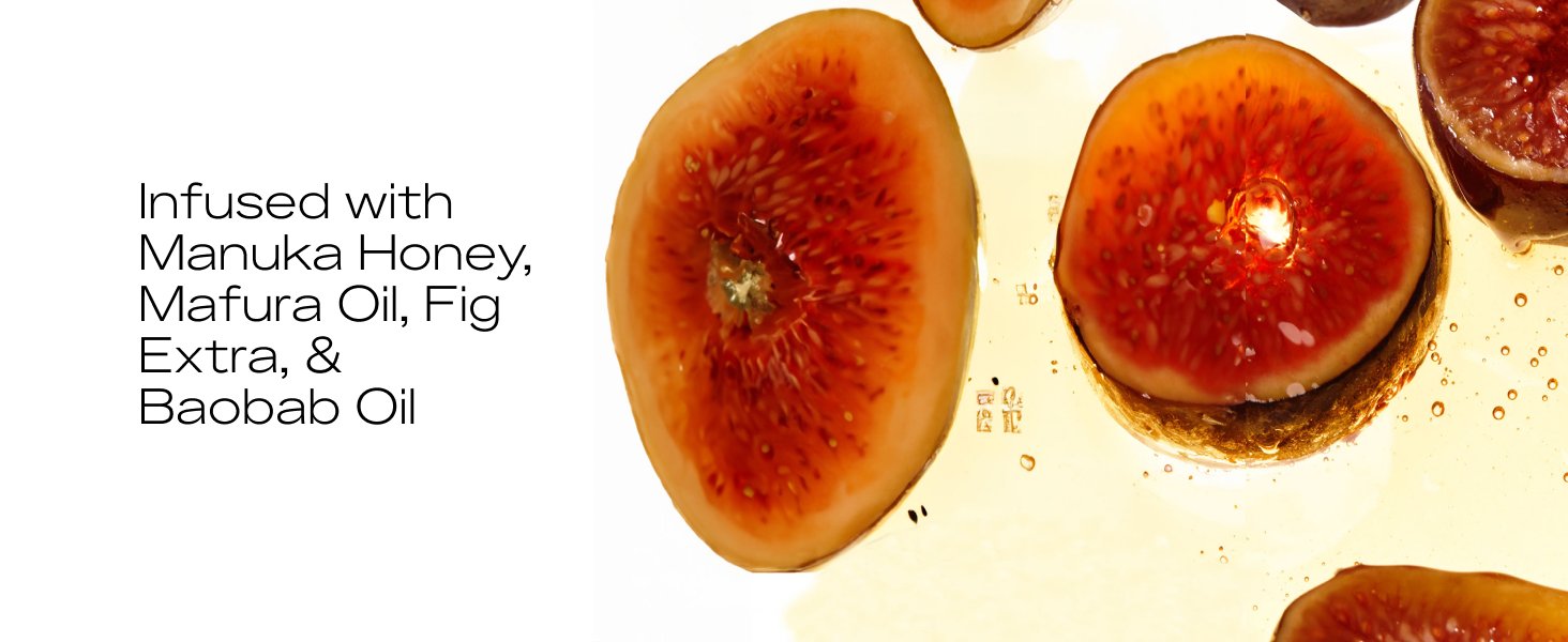 Picture of fig pieces and honey against white background with text.