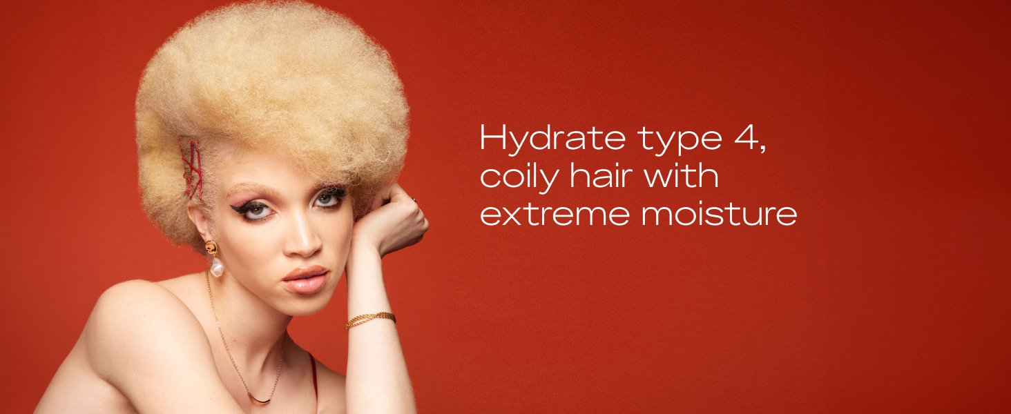  Portrait of woman with blond 4c hair against red background with text.