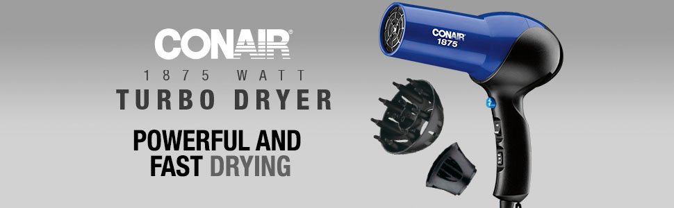 Conair 1875 Watt Turbo Dryer Powerful and fast Drying Hair Dryer, Dryer for hair, blue and black